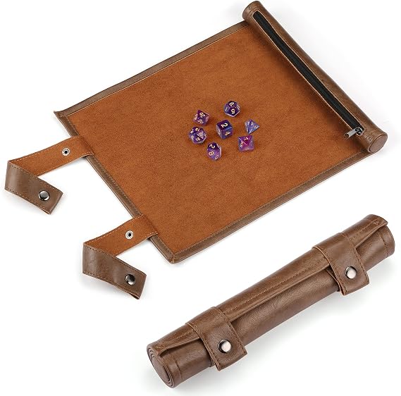 ROSELLE 2 in 1 Leather Dice Mat Dice Tray for DND Dice, Scroll Dice Tray and Rolling Mat with Zipper Holder, Compatible with DND D&D Dungeons & Dragons Game (Brown,Only Mat)