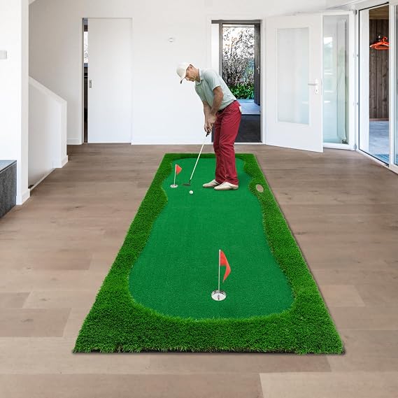 12x5FT Golf Putting Green Mat with 3 Holes & Flags, Premium Realistic Turf for Indoor & Outdoor, Non-Slip Base, Slope Pads & Practice Balls Included