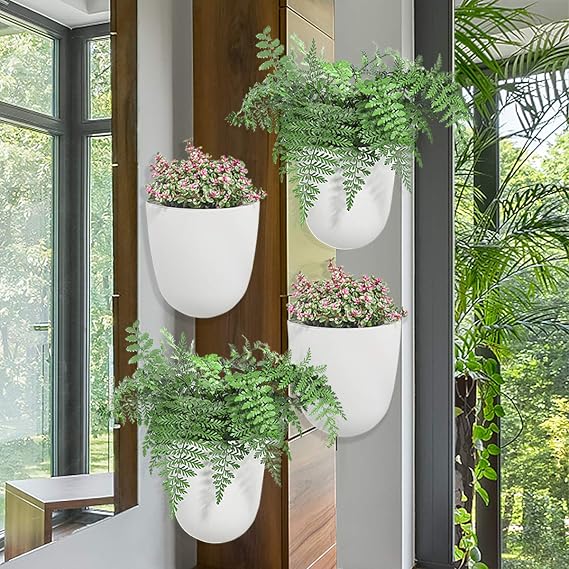 Sungmor Wall Hanging Corner Planters, 4PC White Wall Mounted Flower Pots, Self Watering Wall Planter for Indoor Plants, Right Angle Corner Hanging Pot, Great for Balcony Home Office Bar Corner Decor