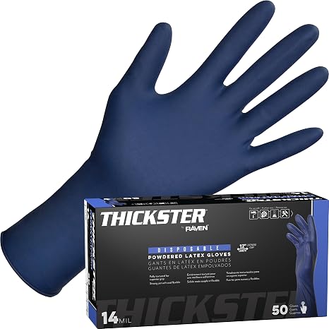 SAS Thickster Powdered Latex Disposable Gloves - 10 Boxes / 50 Ea. 500 Gloves Total. 14 Mil, 2XL, Blue. Fully Textured. 12" Length. Disposable Gloves. Puncture Resistant (6605)