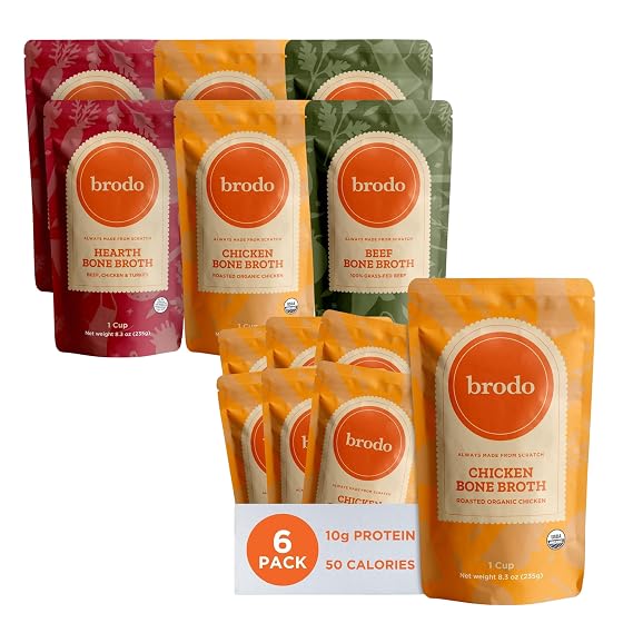 Brodo Collagen Rich Bone Broth Favorites Variety Pack + Organic Chicken Bone Broth, Collagen & Protein-Rich, Slow-Simmered for Deep Flavor & Cooking (12 x 8oz Pouches)