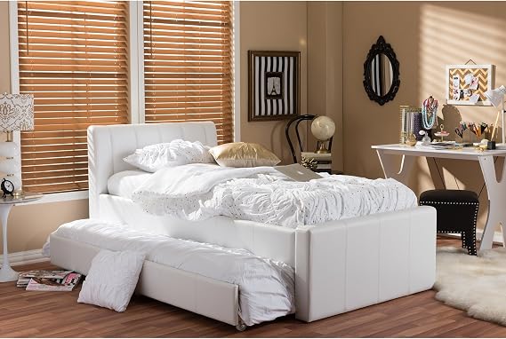 Baxton Studio Cosmo Modern and Contemporary Black Faux Leather Trundle Bed, Twin, White