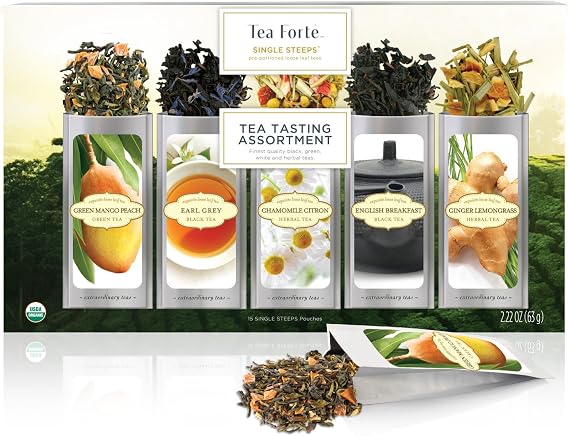 Tea Forte Single Steeps Loose Leaf Tea Sampler, Assorted Variety Tea Box, 15 Single Serve Pouches (Assorted - Tea Tasting)