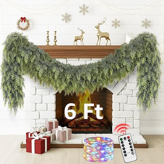 Cedar Christmas Garland for Mantle - Decorations with Lights 6 ft Realistic Lighted Faux Pine Garlands for Xmas Home Decoration Indoor Stairs Railing Fireplace Outdoor 6ft Prelit Garland Door Decor