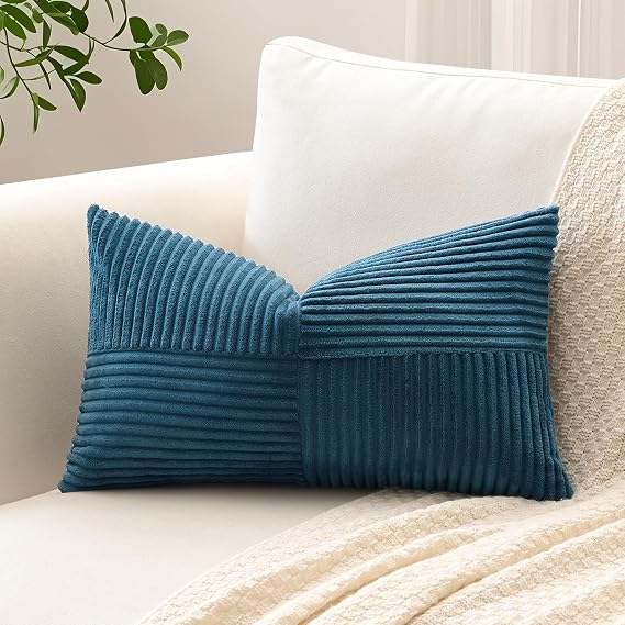OTOSTAR Set of 1 Decorative Throw Pillow Cover Soft Corduroy Solid Lumbar Pillow Case Boho Striped Cross Patchwork Textured Cushion Cover for Sofa Car Patio Bedroom Living Room 16x24 Inch, Dusty Blue