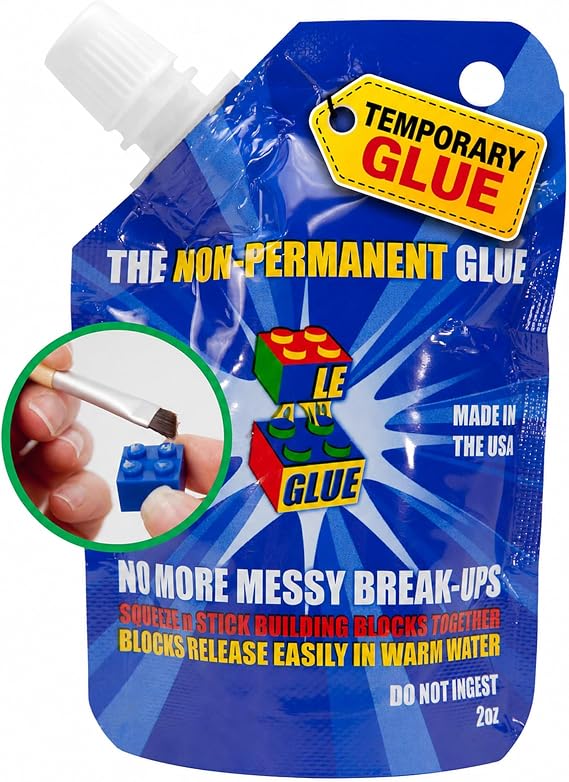 Le Glue Temporary Glue - Compatible with Legos - Non-Permanent Clear Adhesive for Plastic Building Blocks - No Messy Break-Ups - Non-Toxic Formula - Created for Kids, by a Kid