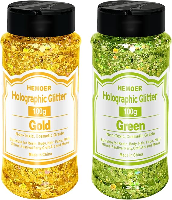 100g Gold Glitter+ 100g Green Glitter, Holographic Chunky Glitter Mixed Fine Glitter