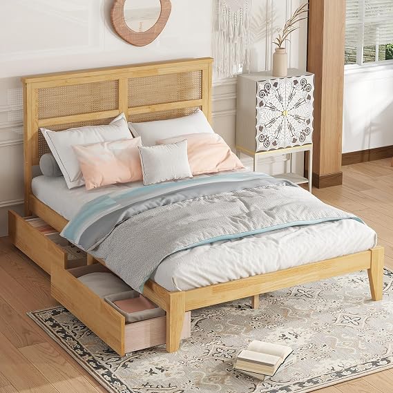 PVWIIK Full Size Rattan Bed Frame with Rattan Headboard & Storage Drawers,Solid Wood Foundation,Noise-Free, Easy Assemble,No Box Spring Needed,Natural