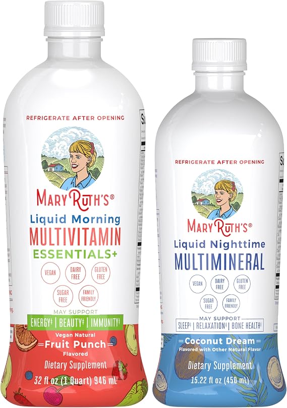 MARYRUTH'S Liquid Morning Multivitamin (Fruit Punch) & Liquid Nighttime Multimineral (Coconut, 15oz) | Clean Label Project Verified | Vegan Vitamins for Energy, Bedtime Routine & Overall Health