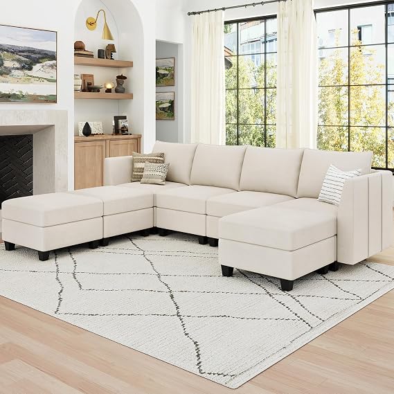 Belffin Large Modular Sectional Sofa with Storage 7 Seat Sectional Couch Velvet Modular Sofa Couch for Living Room, Beige