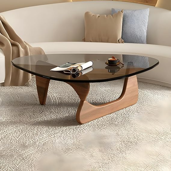 Triangle Glass Coffee Table, Aesthetic Coffee Table, Vintage Coffee Table for Living Room- 45" L x 32" W x 16" H Gray/Clear Glass Top Walnut Color Wood Base
