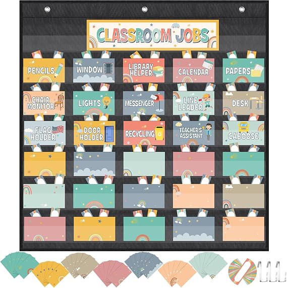 Qeeenar Class Jobs Pocket Chart with 96 Pcs Class Jobs Cards Bulletin Board