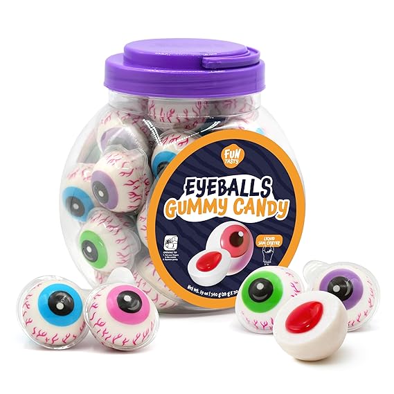 Eyeballs Gummy Candy, Strawberry Jelly Filled Gummies - 30 Count Jar | Candy for Goodie Bags, Party Favors, Spooky Eyes Gummies