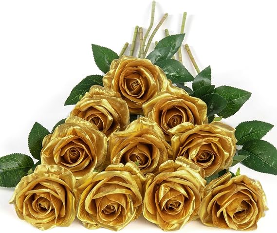 DuHouse 10pcs Fake Roses Artificial Silk Flowers Faux Rose