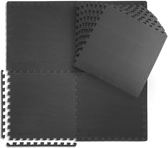 WF Athletic Supply T-Pattern 1-Inch Thickness Interlocking Exercise Foam Mats, Extra Thick Eva Foam Flooring Tiles, Gym Fitness Equipment Mat & Home Protective Flooring Cushion, Black & Blue