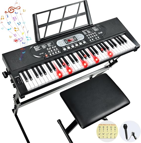 61 Key Keyboard Piano, Electric Piano Keyboard with Lighted Keys, Pitch Bend, Built-in Speakers- Includes Piano Stand and Bench, Microphone, Portable Keyboard Piano for Beginners