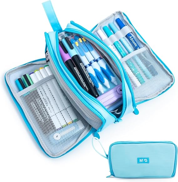 M&G Large Pencil Case 3 Compartment Pouch Pen Bag Blue