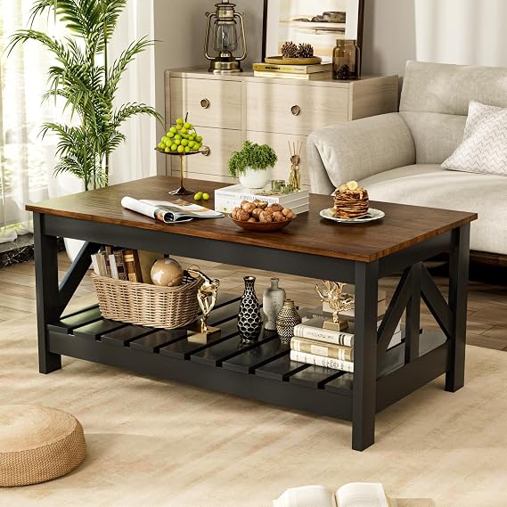 JUMMICO 39 Farmhouse Coffee Table for Living Room, Rustic Brown & Black | Rectangular Farmhouse Center Table with Two-Tier Open Storage, Triangular Frame, Space-Saving Design for Small Rooms