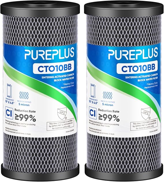 PUREPLUS 5 Micron 10"x4.5" Whole House Carbon Water Filter, CTO10BB, 2 Pack