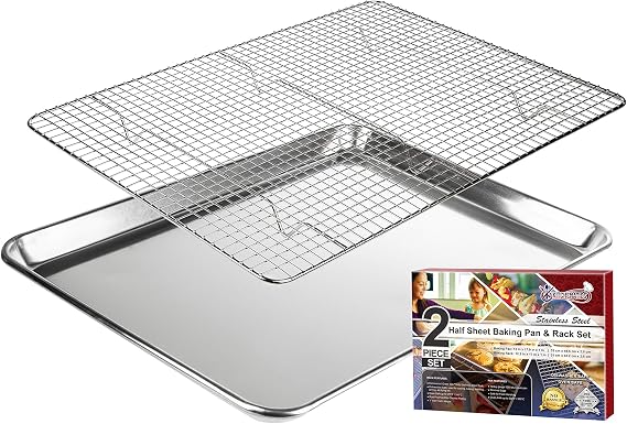 KITCHENATICS Half Sheet Baking Pan and Rack Set Warp-Free 13.1x17.9 In | Aluminum baking tray and stainless steel wire rack combo used together for large family meals