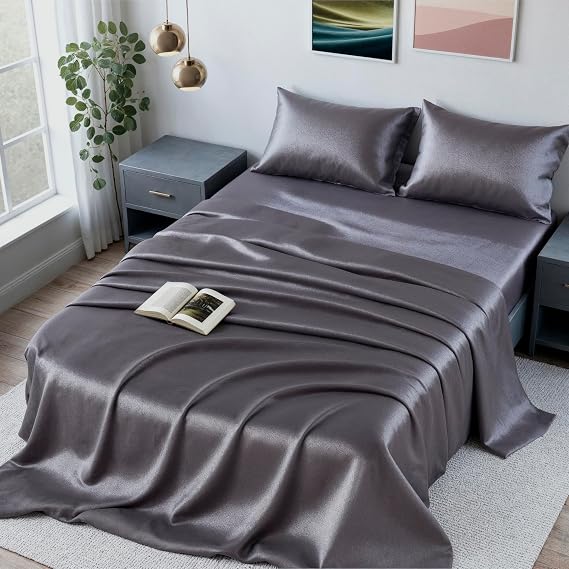 Colorado Home Co 100 Percent Pure Mulberry Silk Sheets Queen Size, 22 Momme Real Silk Bed Sheet Set, 4 Piece Charcoal Essence SUNDAYSILKSTM