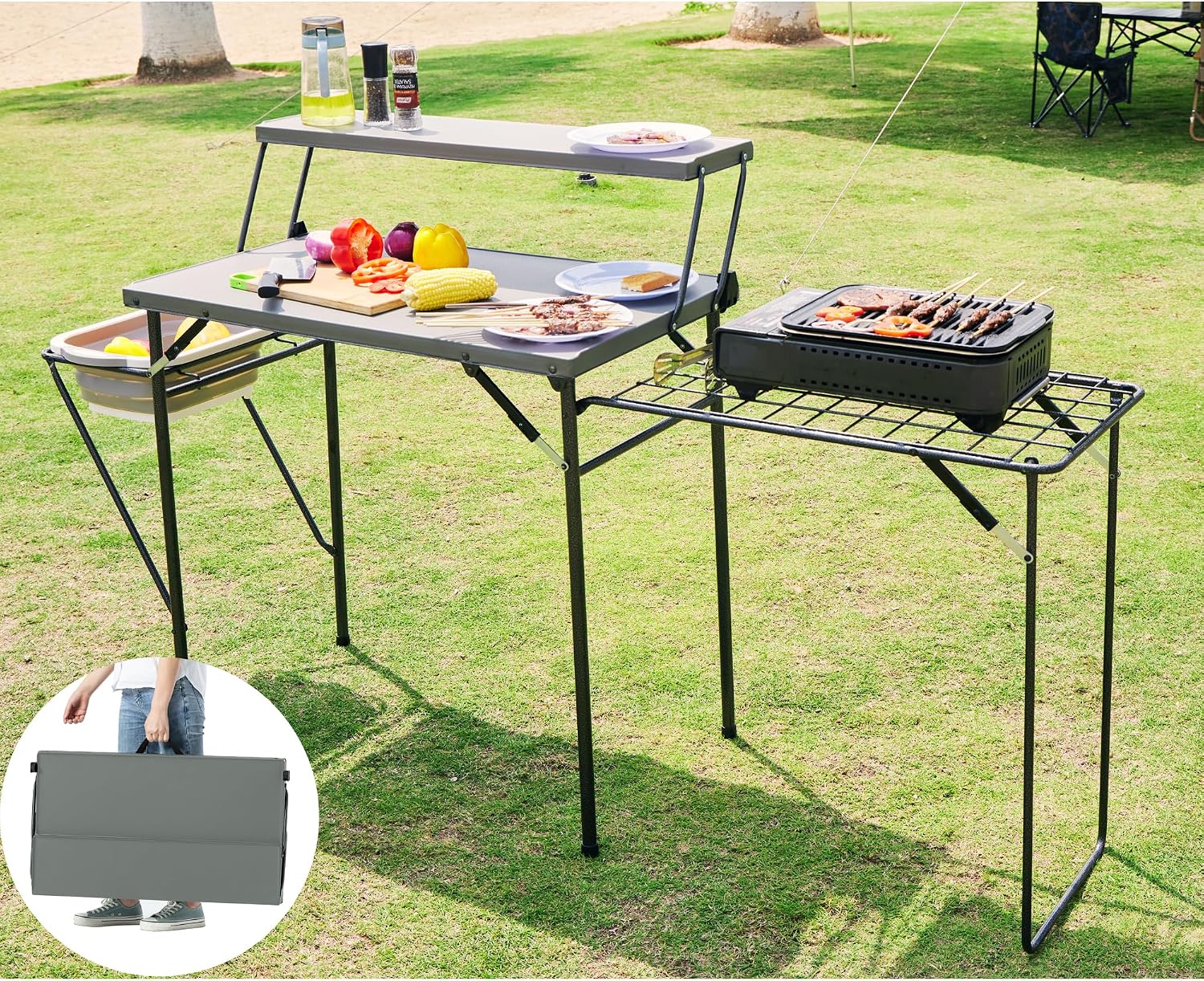 Maarch Folding Grill Tables for Outside Camping, Lightweight Kitchen Camping Table with Grill Stand for Stove, Grey