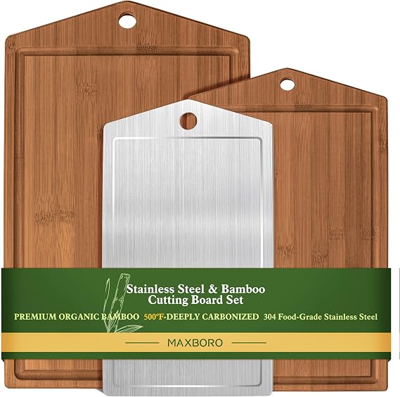 Bamboo Cutting Board Set for Kitchen, Detachable Stainless Steel Design, Double Sided Chopping Boards with Deep Juice Well and Built-in Handles for Meal Prep and Serving, Ideal Kitchen Gift