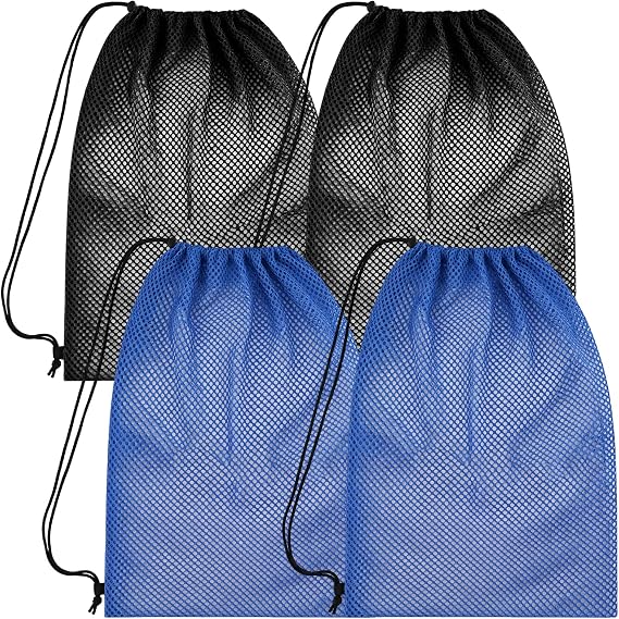4Pcs Mesh Gear Bag for Snorkel, 19" x 27" Large Mesh Swim Bag, Polyester Dive Bag, Drawstring Snorkel Backpack for Snorkeling Trip, Wetsuits, Swimming Gear, Beach and Sports Equipment (Black & Blue)