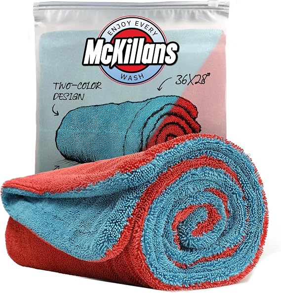 McKillans Extra Large Dual-Color Car Drying Towel XL - Edgeless & Ultra Soft & Absorbent - 36" x 28" - 1200 GSM Twisted Loop Microfiber Towel for Cars - Drying Towel Car Detailing - Car Wash Towels