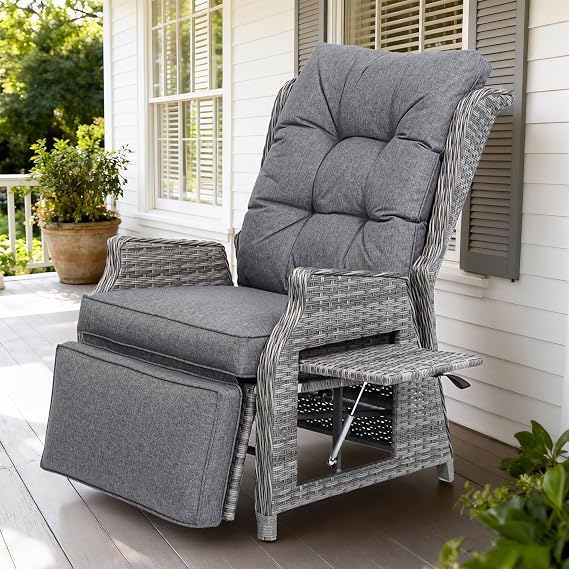 COMLAX FIELD Garden Chair with Reclining Function Weatherproof Rattan Chair Outdoor Adjustable Recliner Lounger Garden Lounger and Lounge Chair Made of Rattan Dark Grey