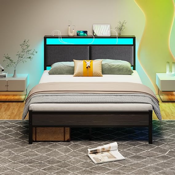 4FT6 Small Double Bed Frame with Storage Headboard, Black