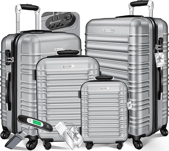KESSER Set of 4 Hard Shell Suitcases, Hard Shell Suitcase, Trolley Suitcase Incl. Suitcase Scales + Luggage Tag, Suitcase with Wheels, Lock, 4 ABS Hard Cases, S-M-L-XL, Silver, 35 x 20 x 48 cm