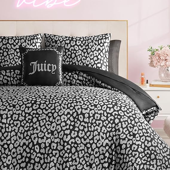Juicy Couture Modern Black Leopard Satin Twin Comforter Set - Luxury Bed in a Bag Soft & Stylish 6-Piece Bedding Collection