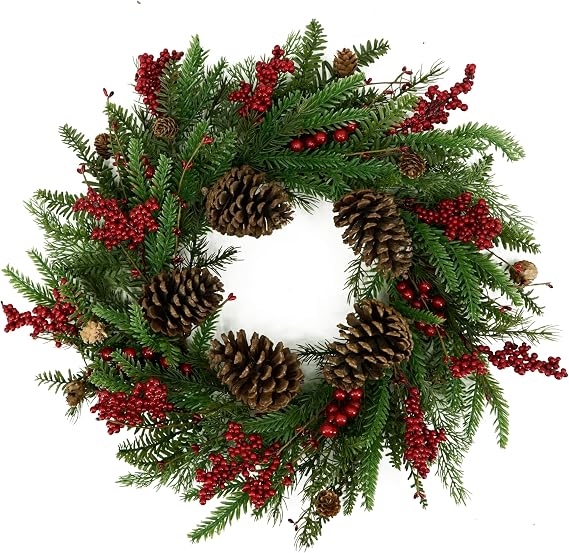 WreathDream Artificial Christmas Wreaths for Front Door Winter Door Wreath with Big Pine Cones,Pine Needles,Christmas Berry for Front Door Farmhouse Indoor Outdoor Holiday Home Decor