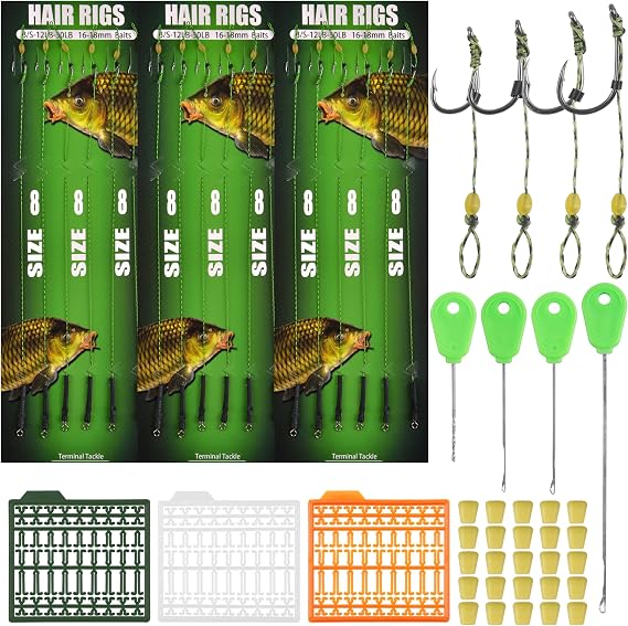Carp Fishing Hair Rigs Kit,Boilies Fishing Bait Rig Curved Barbed Carp Hook Swivel Braided Thread Line with Corn Bait Stopper Needle Tool Carp Fishing Equipment Accessories
