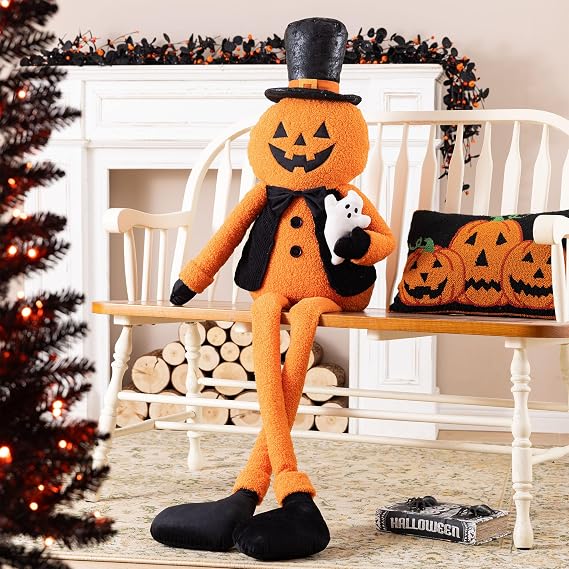 Glitzhome 59 Inch Oversized Dangle Leg Jack O Lantern Halloween Decor, Plush Pumpkin Man with Ghost Fabric Figure, 5FT Large Farmhouse Halloween Floor Porch Mantel Sitter Ornament