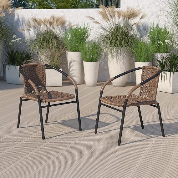 EMMA + OLIVER Brown PE Rattan Stackable Patio Dining Chair, 2-Pack