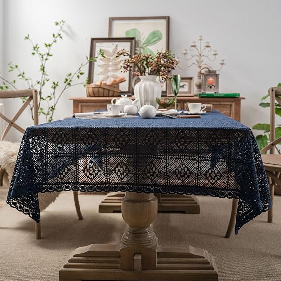 Vintage Cotton Crochet Tablecloth Macrame Lace Table Cover Stitching Table Linens Rectangular Handmade Crochet Tablecloth Blue Lace Table Cloth for Wedding Party Decoration(60 * 60cm)