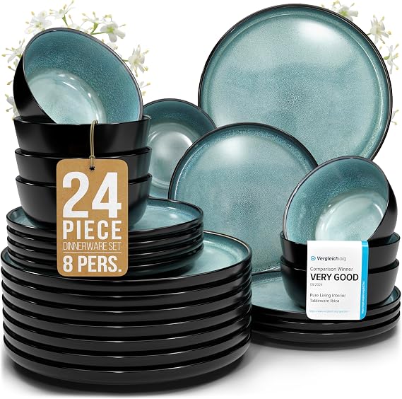 24 Piece Stoneware Dinnerware Set for 8, Handmade Plates and Bowls Set