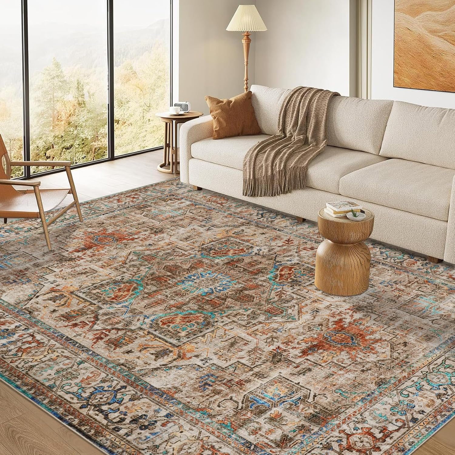 Cekene Washable Rugs for Living Room 160x230cm Non-Slip Soft Bedroom Rugs Thin Distressed Carpet Rug Low Profile Floor Rug for Office Bathroom Dinning Room PlayroomTerracotta