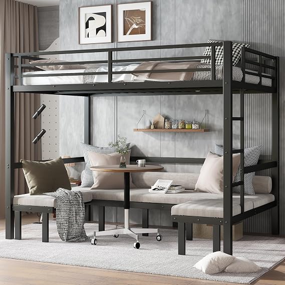 Queen Over Queen Metal Pull-Out Bunk Bed, 3-Section Trundle Lower Bunk, Safety Rail Top Bunk, Black