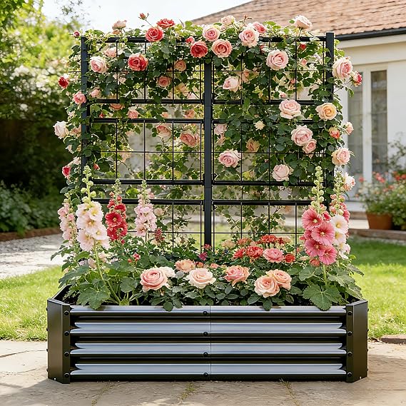 Metal Planter with Trellis Black Raised Garden Bed Large Heavy Stand